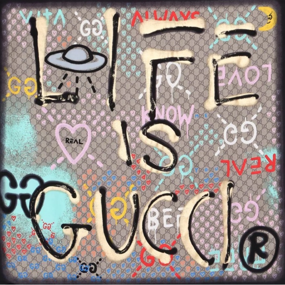 Authentic Gucci “Life is Gucci” Silk Multicolor scarf